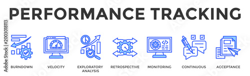 Performance Tracking  Banner Web  Icon Set Collection Pack Vector Illustration Concept Containing Burndown, Velocity, Exploratory Analysis, Retrospective, Monitoring, Continuous, Acceptance