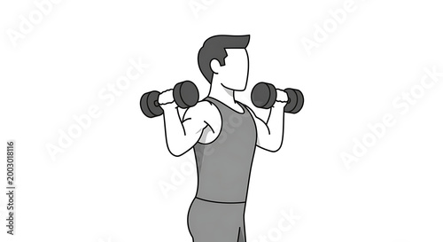 Fitness, workout, exercise, illustration, man with dumbbells, weightlifting, gym, exercise routine, healthy lifestyle