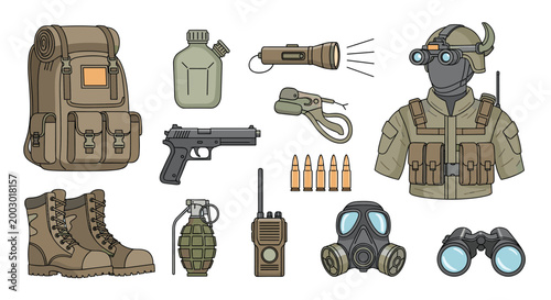 Comprehensive set of military gear including a backpack canteen flashlight handgun ammunition gas mask and night vision helmet.