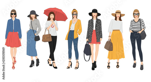 Group of seven stylish women dressed in different trendy outfits featuring casual and formal wear for various social occasions.