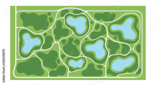 Aerial city park map vector illustration, green landscape garden with blue ponds and walking paths, top view urban public park layout for navigation