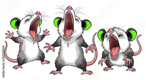 Three Opossums Yawning Wide Open with Bright Green Ears, Funny Animal Cartoon