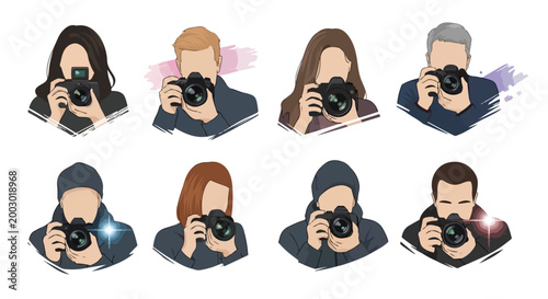 Professional photographer avatars with DSLR cameras, flat vector illustration set of people taking photos, faceless characters with digital cameras and flash