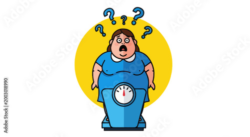 Worried Overweight Woman Surprised by Scale Reading, Question Marks Overhead