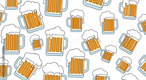 Seamless pattern of overflowing beer mugs filled with amber liquid and thick white foam on a white background.