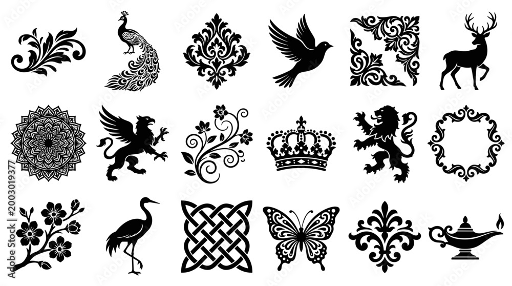 Fototapeta premium Collection of elegant black silhouette decorative ornaments and symbols including animals flowers and abstract patterns for design elements