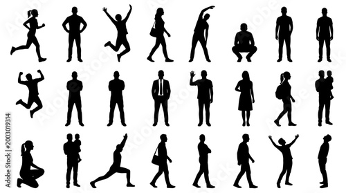 Diverse collection of black human silhouettes in various poses and activities representing different aspects of life and work