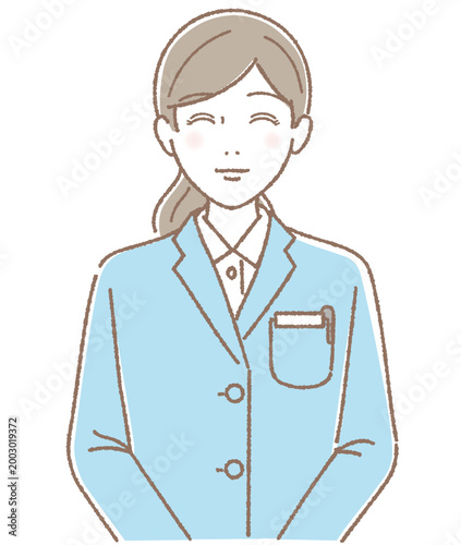 白衣を着て微笑む若い女性のベクターイラスト 医療・ヘルスケアスタッフ / Vector illustration of a smiling young woman in a white coat, medical and healthcare staff