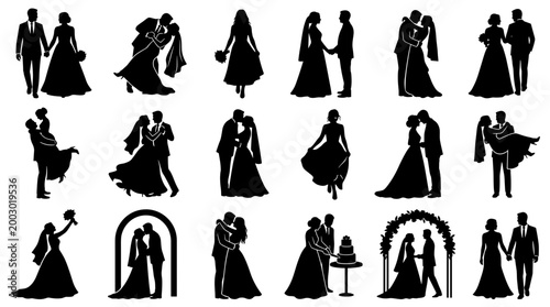 Diverse wedding couple silhouettes showcasing romantic moments and traditions in a collection of elegant poses and scenes
