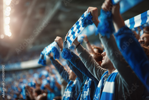 Soccer Fans Cheering with Blue Scarves in Enthusiastic Stadium
