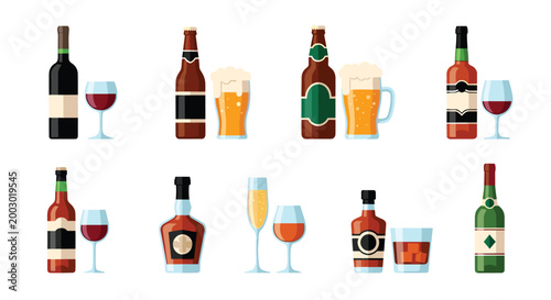 Collection of various alcoholic beverage types including red wine, beer, whiskey, and champagne with their corresponding glassware.