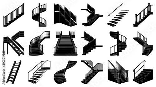 Collection of diverse staircase designs and architectural elements, showcasing various styles from spiral to straight, representing ascent and descent in modern and classic settings