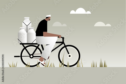 Illustration of a traditional Indian milkman riding a bicycle with milk cans, representing rural livelihood, dairy supply, and everyday village life