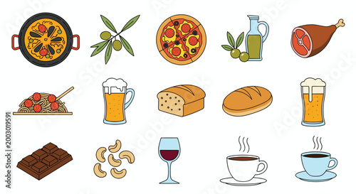 Comprehensive set of food and beverage icons featuring mediterranean dishes like paella and pizza along with bread and drinks.