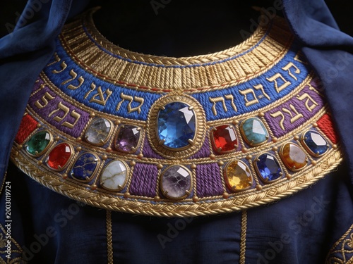 High Priest breastplate with twelve complete gems and deep blue priestly copy space