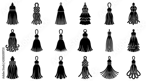 Collection of decorative tassels in various styles and designs, black and white illustration for crafting and design projects