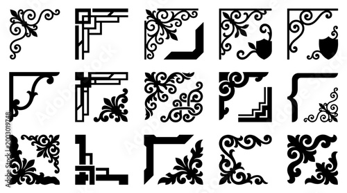 Collection of ornate decorative corner elements and borders for graphic design and page decoration