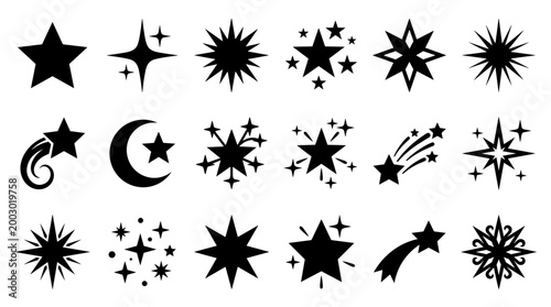 Collection of black star shapes and sparkling effects on a white background, representing celebration, magic, and design elements