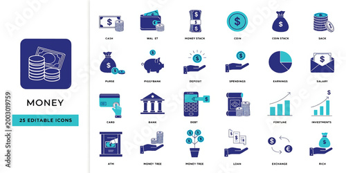 Money icon set. Financial and banking icon collection. Business and investment symbols. Wallet, cash, piggybank. Vector Money icon design