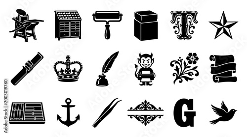 Collection of vintage graphic design elements and symbols including printing press crown quill pen anchor and decorative ornaments