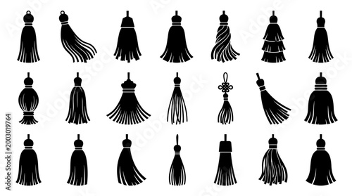 Collection of diverse black tassel icons and illustrations representing decorative elements for crafts fashion and design projects