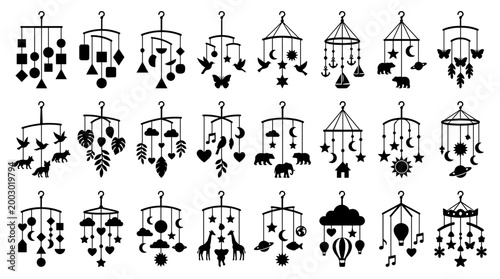Collection of baby mobile silhouettes with various shapes and icons like animals, stars, clouds, and toys, perfect for nursery decor and children's products