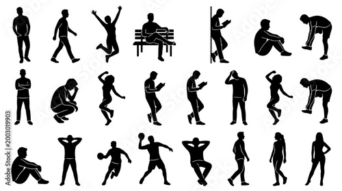 Diverse group of people in silhouette demonstrating various activities and emotions like jumping, sitting, thinking, and playing sports