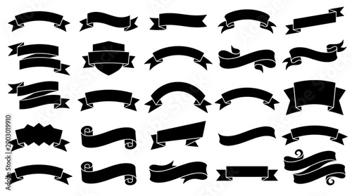 Collection of black ribbon banners and labels for design and decoration isolated on white background