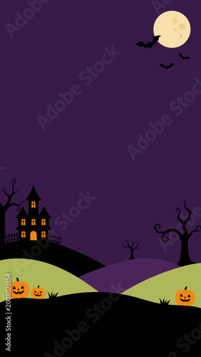 Purple sky holds glowing moon and flying bats. Creaky house glows warmly from inside. Hilltop pumpkin faces peek with mischief. Silent trees frame the eerie night