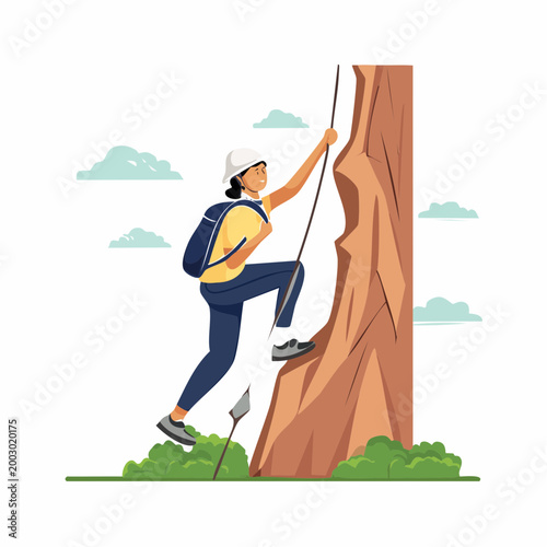 Woman Rock Climbing with Backpack and Rope