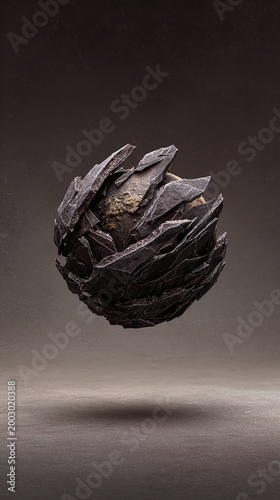 Exploring a Floating Sphere: An Abstract Representation of the Earth's Layers Captured in Dark Textures and Intricate Design Elements