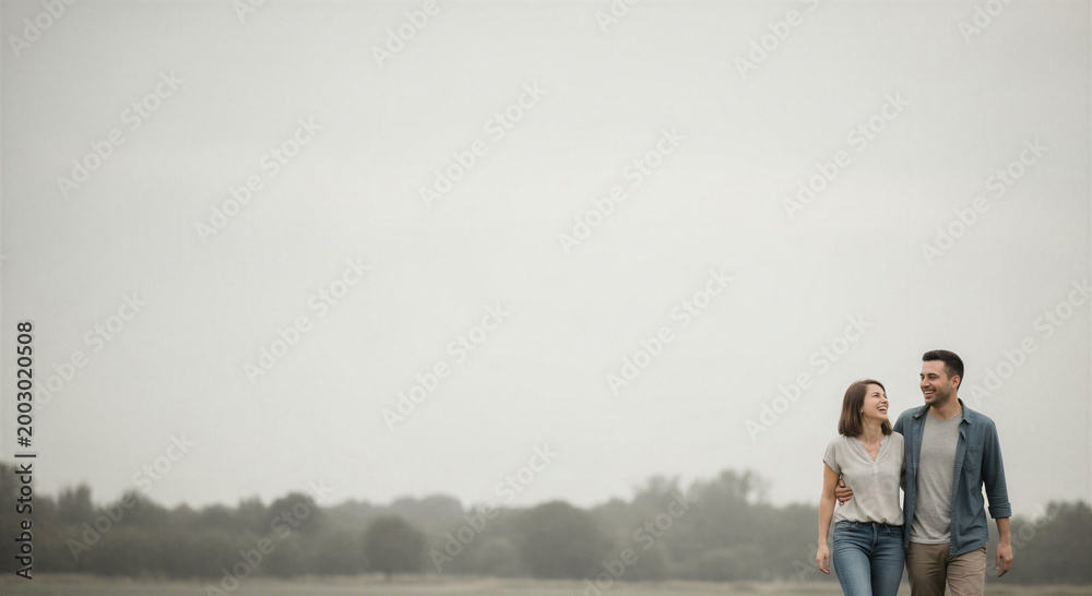 Fototapeta premium Young couple walking together on a misty day in the countryside 