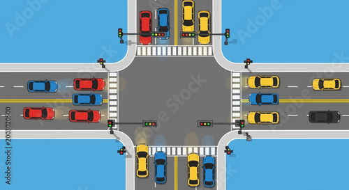 Busy intersection with traffic lights and cars, urban traffic flow, city crossroads