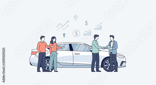 Car Dealership: Business Meeting, Handshake, Financial Growth Charts, and Car Purchase