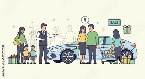 Car Dealership Sale: Family Buys New Car with Salesman Assistance and Gifts