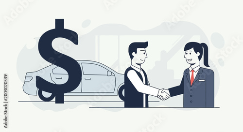 Car Dealership Sale: Handshake Deal with Dollar Sign and Car Background