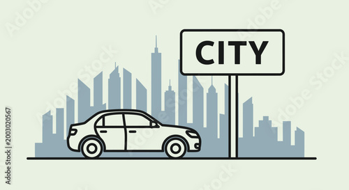 Car driving into a city with skyline and city sign, urban transportation concept