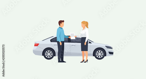 Car purchase agreement: man and woman exchanging documents near a white car