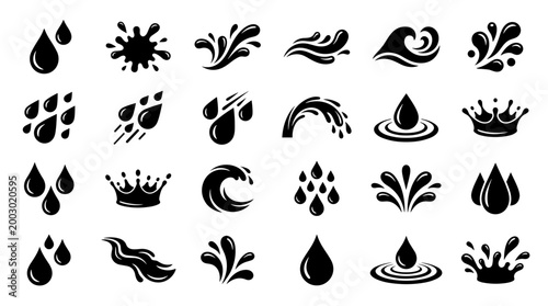 Collection of black water drop and splash icons representing liquid elements and fluid dynamics in a clean graphic design