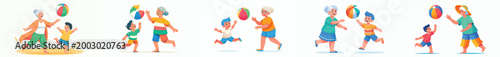 vector of grandma and grandchild playing beach ball during summer