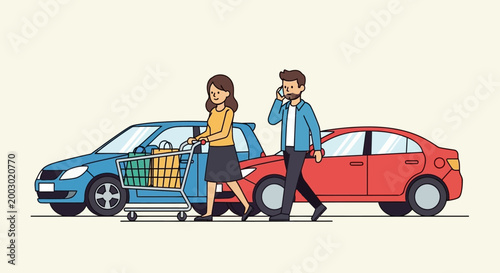 Couple with shopping cart and car, man on phone, woman pushing cart