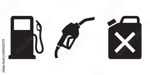 Gasoline icons fuel pump nozzle and jerrycan with warning