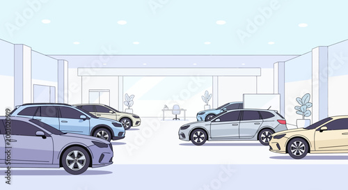 Modern Car Dealership Showroom with New Vehicles Displayed