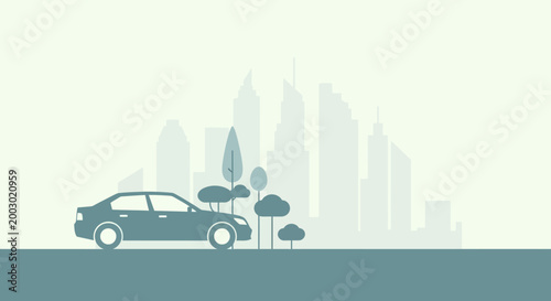 Modern Sedan Car Driving Past City Skyline and Trees