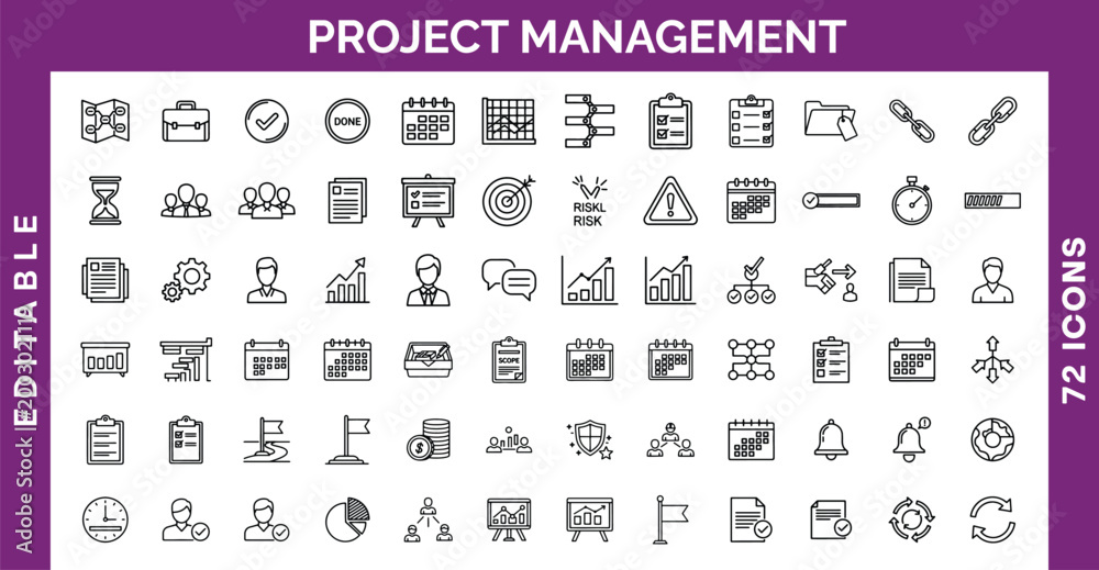 © Iconify Studio - Project Management vector icons, a comprehensive set of 72 editable line icons for business planning and task organization, ideal for presentations and infographics. © Iconify Studio - Project Management vector icons, a comprehensive set of 72 editable line icons for business planning and task organization, ideal for presentations and infographics.