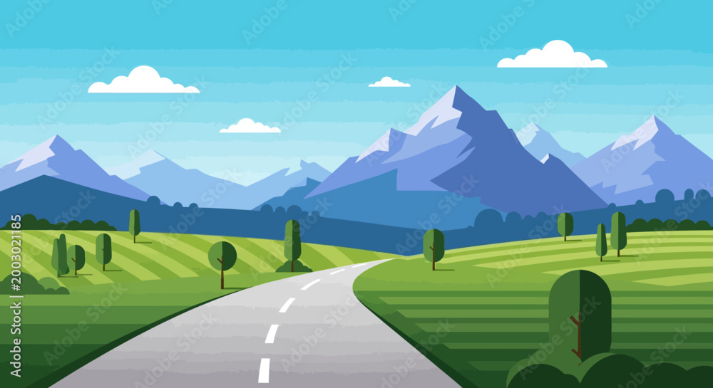 Fototapeta premium Scenic mountain road trip, green fields, blue sky, summer landscape, travel, nature