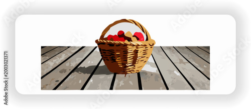 Fresh ripe raspberries in basket on wooden table vector illustration