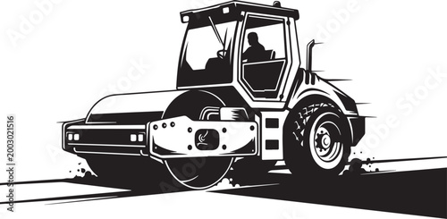 Road roller, construction vehicle, industrial equipment, black and white vector