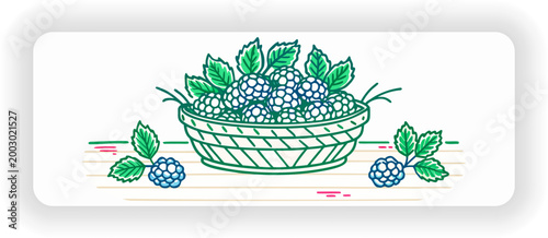 Hand drawn blackberry basket illustration with leaves on wooden surface