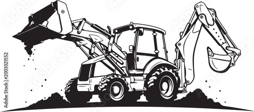Heavy duty tractor, excavator, and loader vector, construction equipment, black and white illustration, industrial vehicles